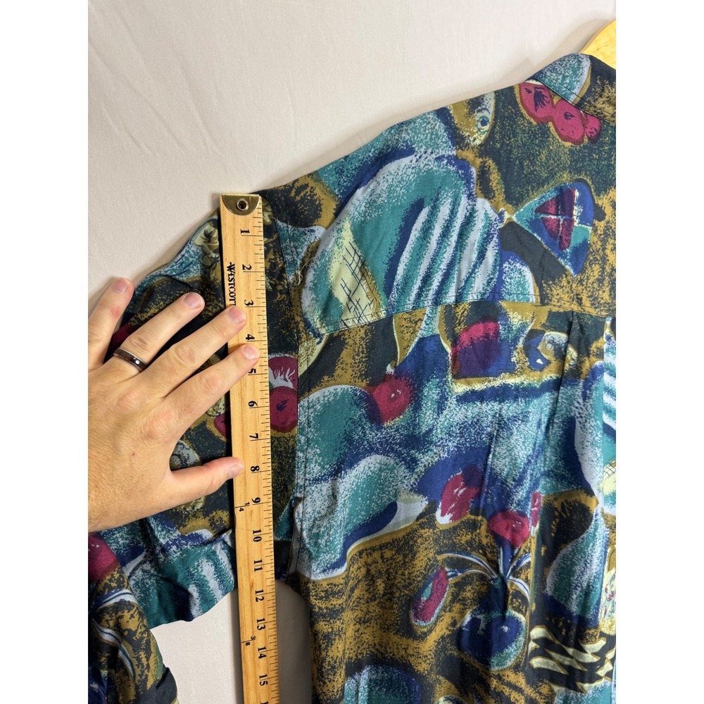 Vinatge 90s Rivage Mens 2XL Abstract Art Button Down Shirt Rayon Teal Gold - Picture 10 of 11